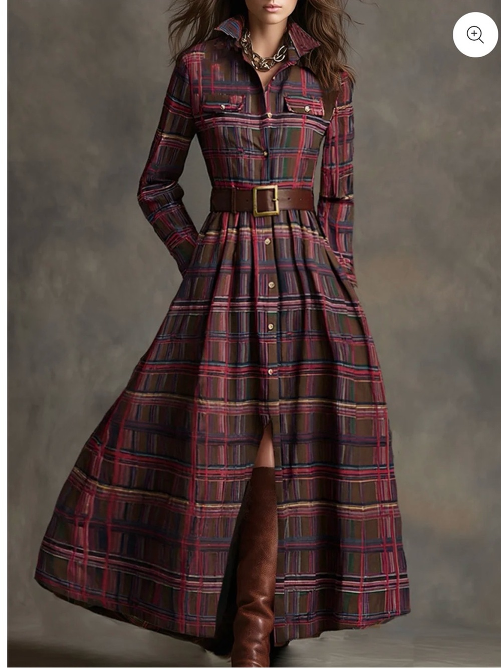 OYROSY Plaid Ethnic Style Lapel Button-Front Maxi Dress in Burgundy